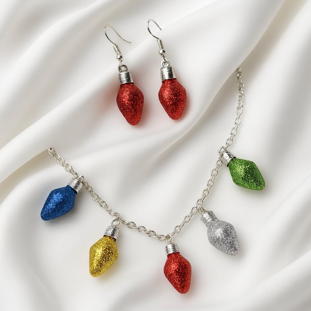 Glitter Christmas Light Bulb Jewelry Set – Multicolor Charms on Silver Chain
